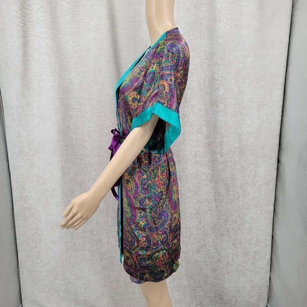 Feather Bed Vintage 90s Vibrant Paisley Satin Slip Dress and Robe Purple Teal